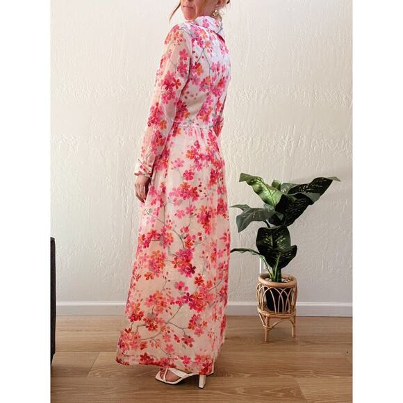 Vintage 1960's Designer Pink Floral Long Sleeve Button Up Maxi Dress - Picture 2 of 7